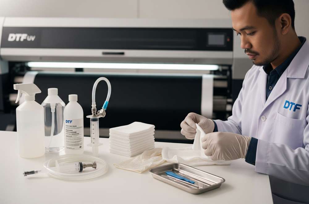 Beragam Alat Pembersih Printhead Seperti Cairan Cleaning Solution, Selang Flushing, Tisu Non-Woven, Dan Suntikan Flushing Kit Khusus Untuk Printer Dtf Uv.