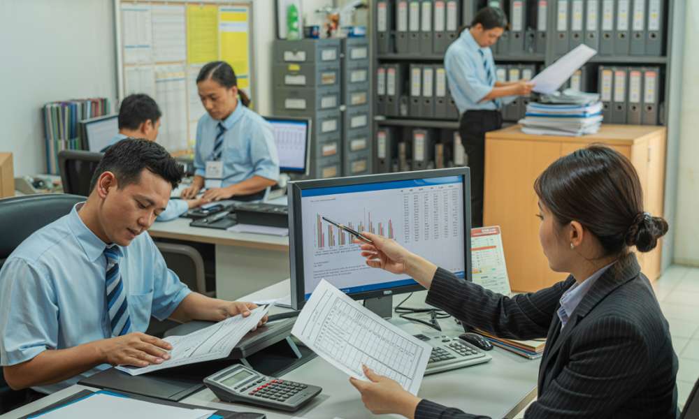 Tim Keuangan Dan Administrasi Sedang Mengelola Laporan Keuangan Dan Dokumen Di Ruang Kantor