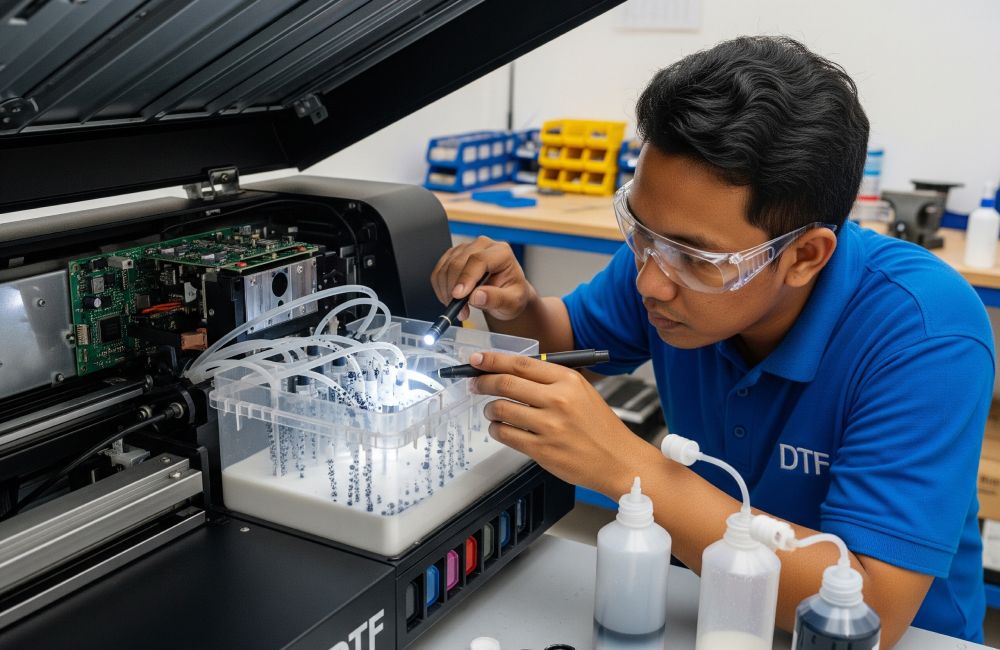 Teknisi Sedang Memeriksa Kondisi Tinta Putih Dan Selang Printer Dtf Untuk Mencari Penyebab Tinta Tidak Keluar.