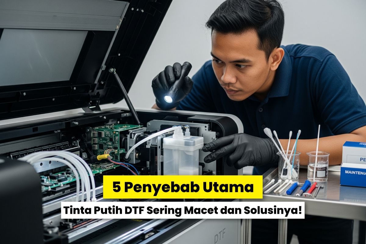 Teknisi Sedang Memeriksa Bagian Dalam Printer Dtf Untuk Mengatasi Masalah Tinta Putih Yang Tidak Keluar.