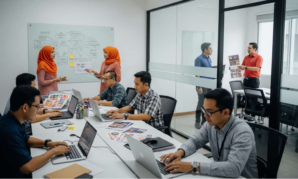 Tim Marketing Dan Sales Sedang Berdiskusi Dan Bekerja Di Ruang Kantor Dengan Berbagai Materi Promosi
