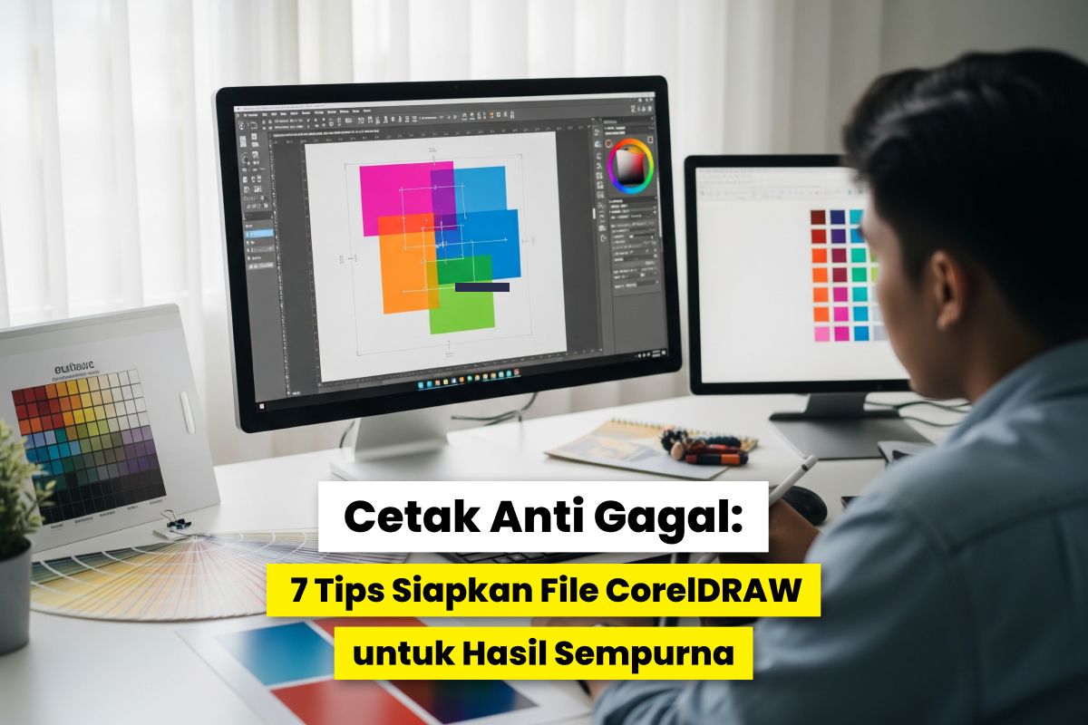 Seorang Desainer Bekerja Di Depan Komputer Dengan Tampilan Desain Coreldraw Dan Palet Warna Untuk Persiapan Cetak.