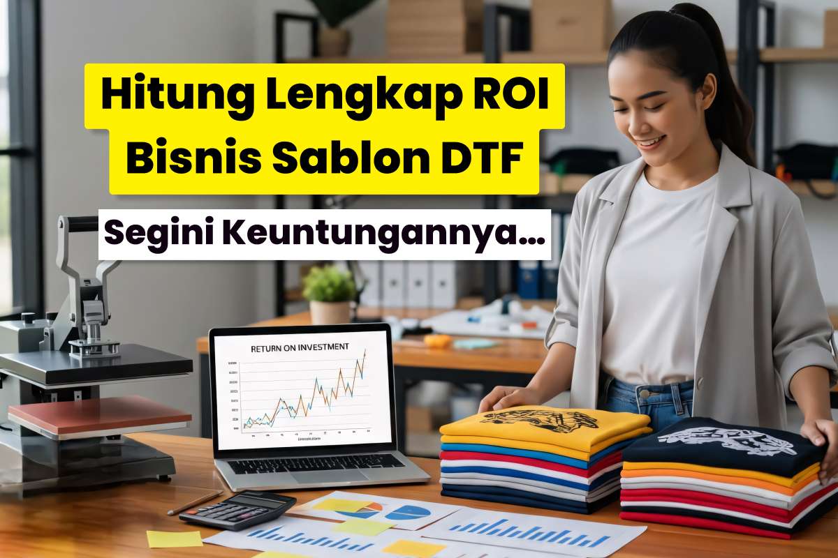 Seorang Wanita Melihat Tumpukan Kaos Sablon Dtf Di Meja Kerja Dengan Laptop Menampilkan Grafik Roi.