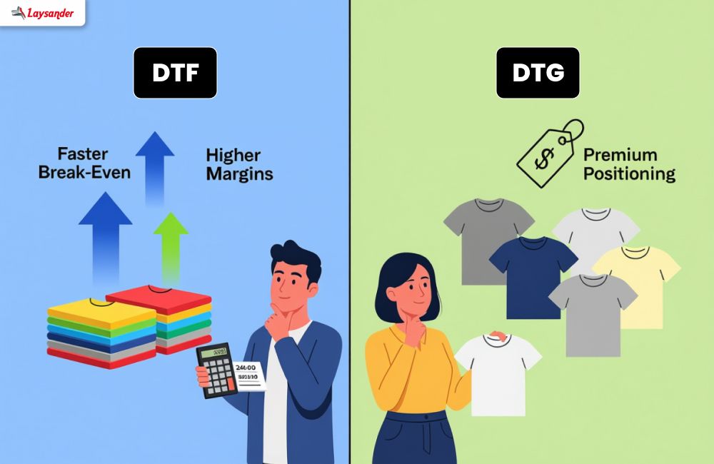 Ilustrasi Perbandingan Profitabilitas Sablon Dtf Dengan Break-Even Lebih Cepat Dan Margin Tinggi Versus Dtg Dengan Positioning Premium.