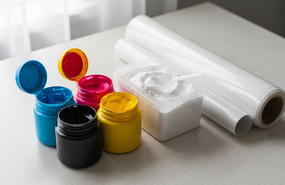 Tinta Warna, Bubuk Lem Perekat, Dan Film Pet Sebagai Bahan Habis Pakai Utama Dalam Sablon Dtf.