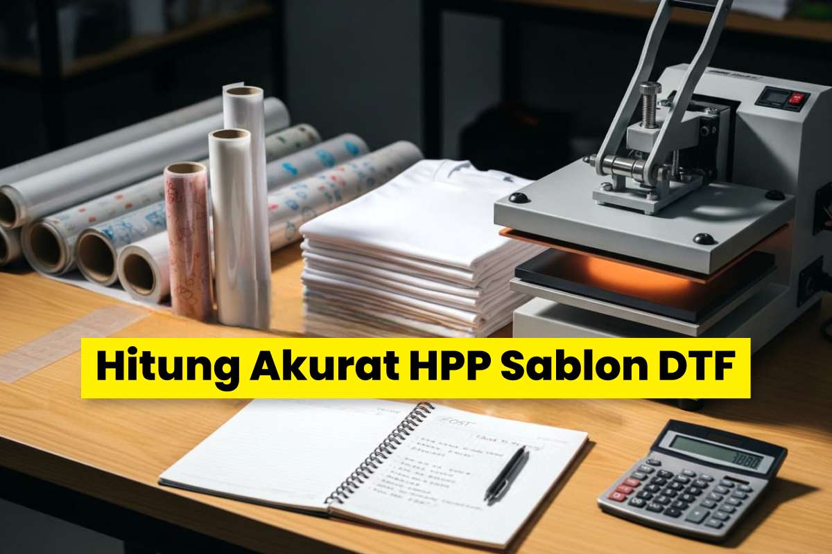Mesin Heat Press, Kaos Polos, Kalkulator, Dan Catatan Biaya Produksi Untuk Ilustrasi Cara Menghitung Hpp Sablon Dtf.