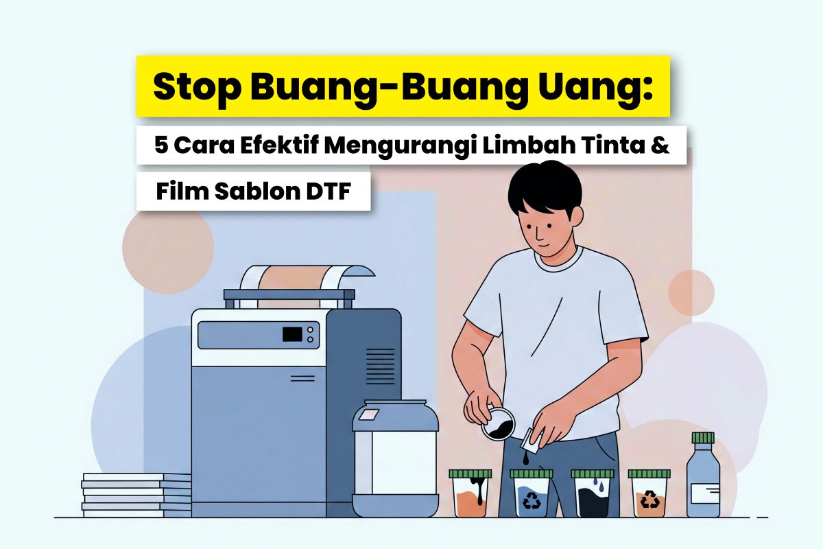 Ilustrasi Seorang Pria Mengelola Tinta Sablon Dtf Di Samping Mesin Cetak Untuk Mengurangi Limbah.