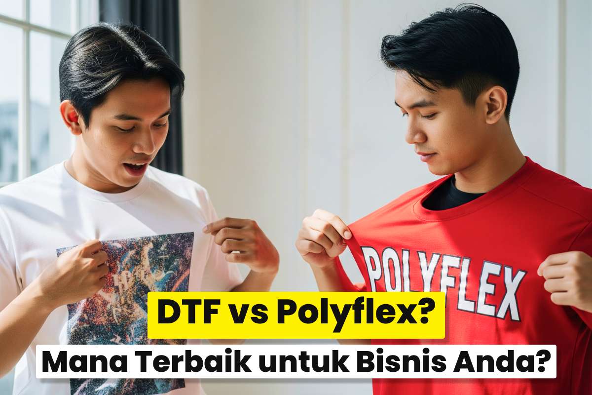 Dua Pria Menunjukkan Kaos Dengan Sablon Dtf Dan Polyflex Sebagai Ilustrasi Perbandingan Sablon Dtf Vs Polyflex.