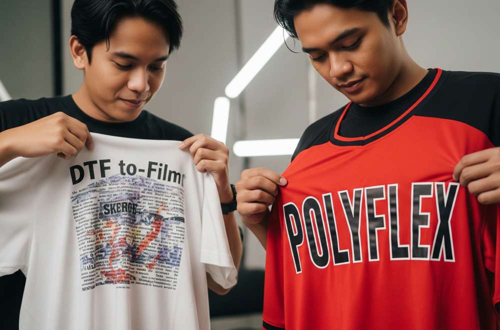 Dua Orang Membandingkan Kaos Sablon Dtf Dengan Hasil Lembut Dan Kaos Sablon Polyflex Dengan Hasil Tebal Dan Kuat.