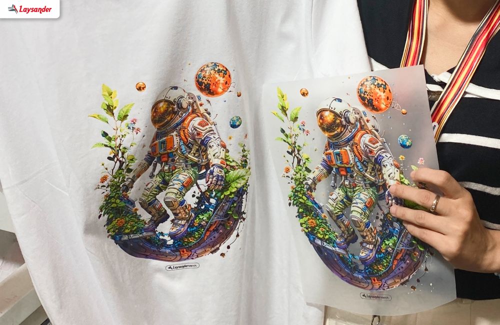Perbandingan Hasil Desain Sablon Dtf Di Pet Film Dan Setelah Ditransfer Ke Kaos Putih
