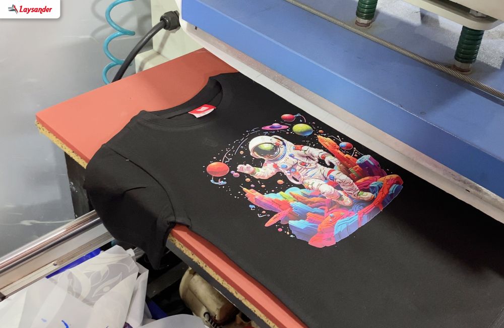 Mesin Heat Press Sedang Digunakan Untuk Menempelkan Desain Berwarna Cerah Pada Kaos Hitam Dengan Teknik Sablon Dtf.