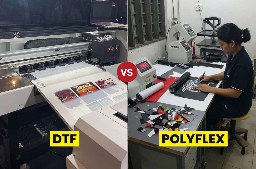 Perbandingan Proses Sablon Dtf Yang Cepat Untuk Desain Full Color Dengan Sablon Polyflex Yang Membutuhkan Weeding Manual.