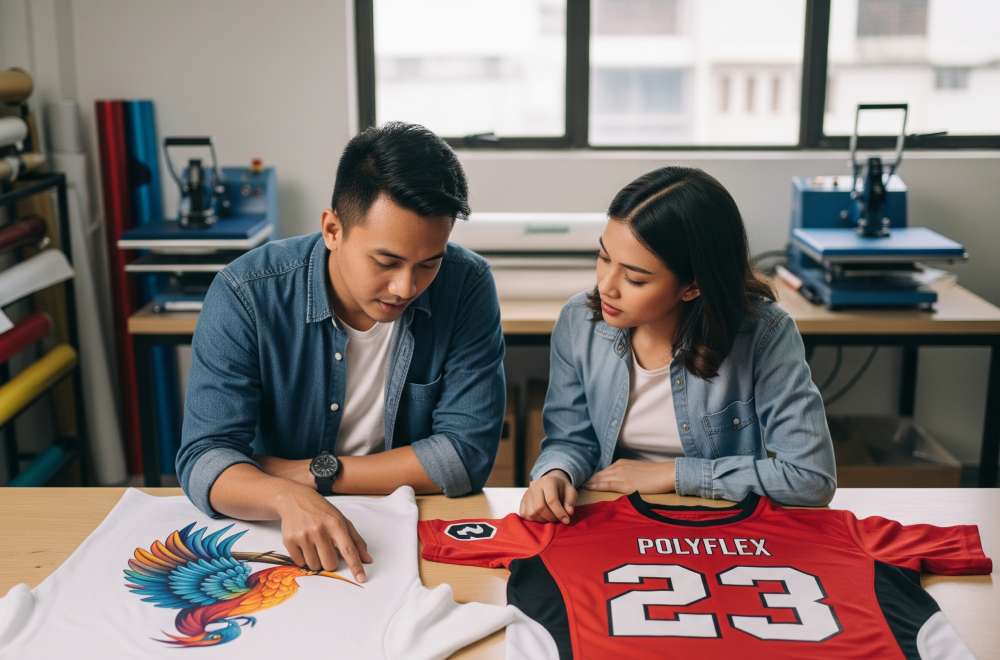Dua Orang Membandingkan Kaos Dengan Desain Sablon Dtf Full Color Dan Kaos Dengan Sablon Polyflex Sederhana.