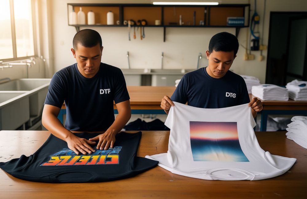 Dua Orang Menunjukkan Hasil Sablon Kaos Dengan Metode Dtf Dan Dtg Untuk Membandingkan Kualitas Cetak.