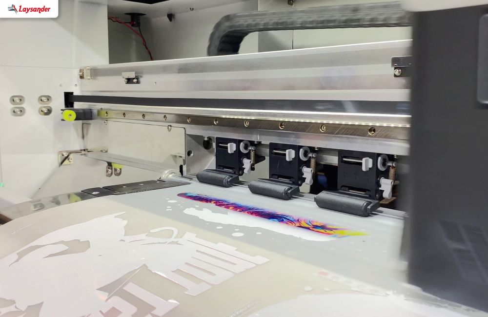 Mesin Printer Dtf Sedang Mencetak Desain Dengan Lapisan Tinta Putih Sebagai Dasar Agar Warna Terlihat Cerah.
