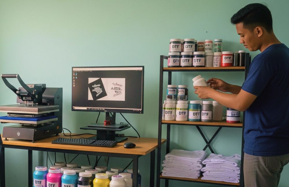 Seorang Pria Menata Bahan Sablon Dtf Di Ruang Kerja Kecil Dengan Komputer, Mesin Heat Press, Dan Perlengkapan Sablon Sederhana.