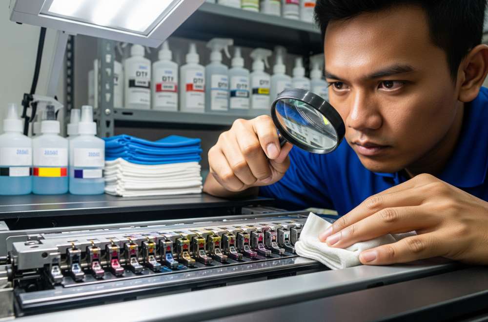  Teknisi Memeriksa Printhead Printer Dtf Dengan Kaca Pembesar Untuk Mencari Sumbatan Pada Nozzle