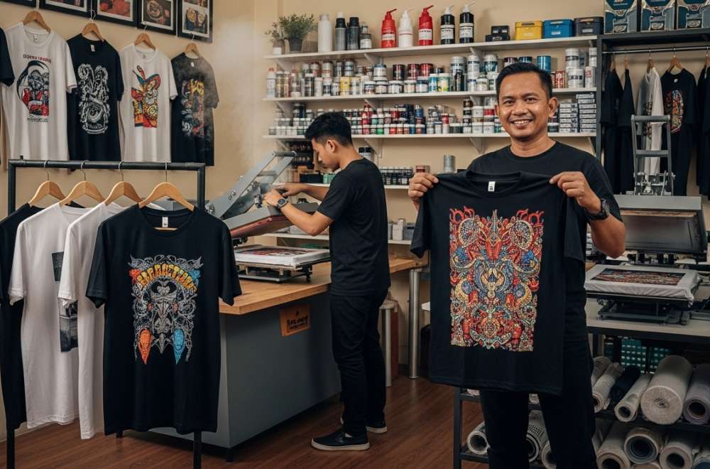 Pengusaha Sablon Menunjukkan Kaos Hasil Sablon Dtf Dengan Desain Rumit Yang Tampak Awet Dan Tajam