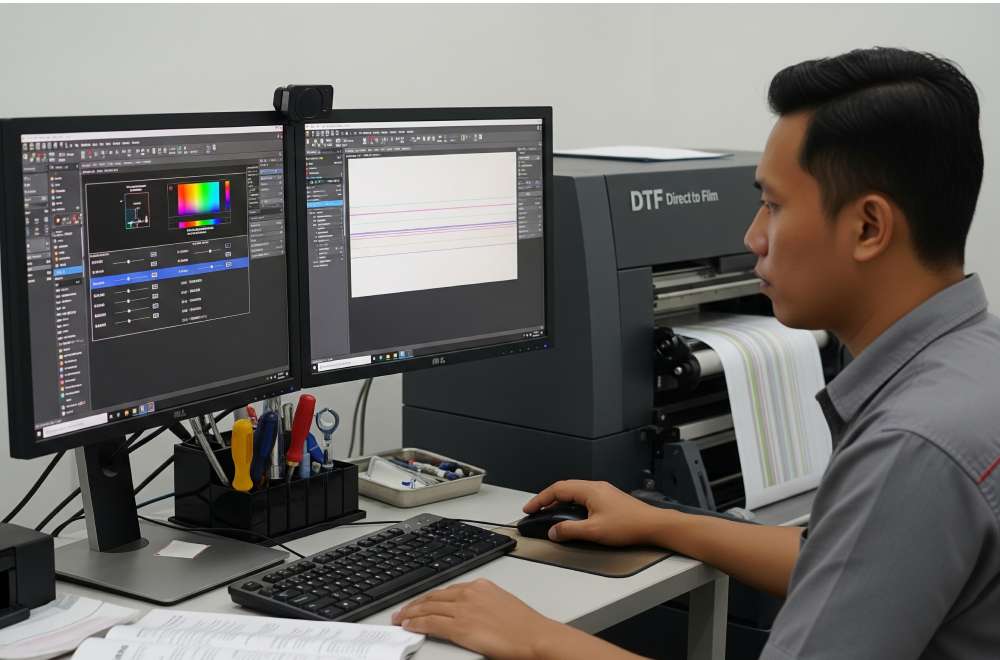 Operator Mengatur Software Rip Di Komputer Yang Terhubung Dengan Printer Dtf Untuk Optimasi Hasil Cetak