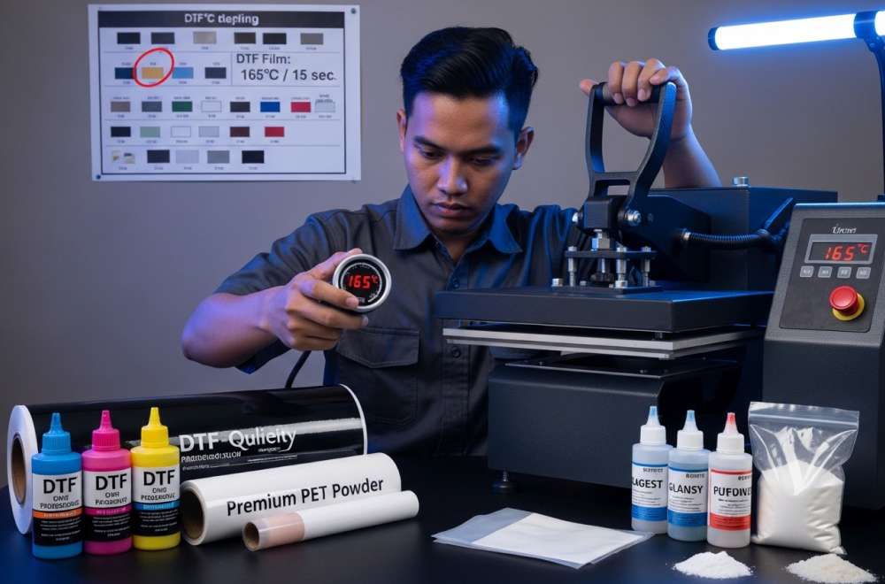 Teknisi Sablon Dtf Sedang Mengatur Suhu Heat Press Di 165°C Dengan Bahan Dan Tinta Dtf Premium Di Meja