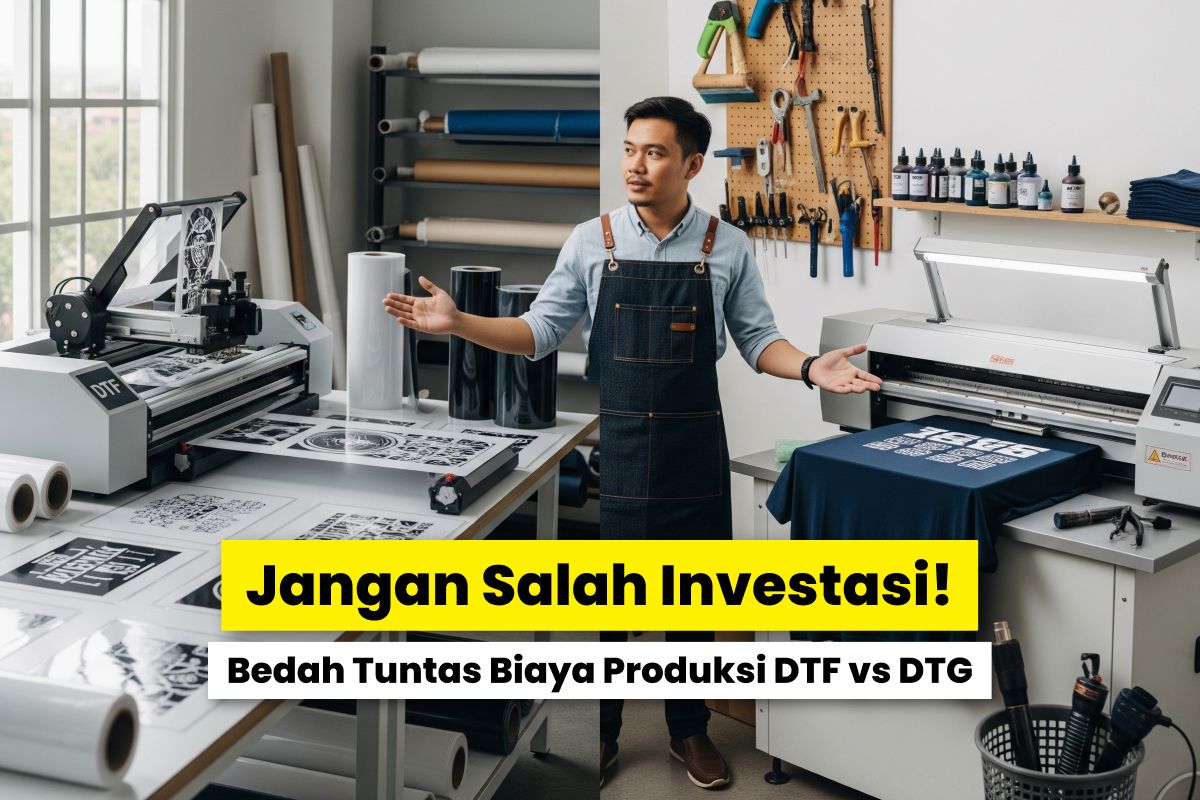 Seorang Pria Berdiri Di Antara Mesin Sablon Dtf Dan Dtg, Menunjukkan Perbandingan Biaya Produksi.