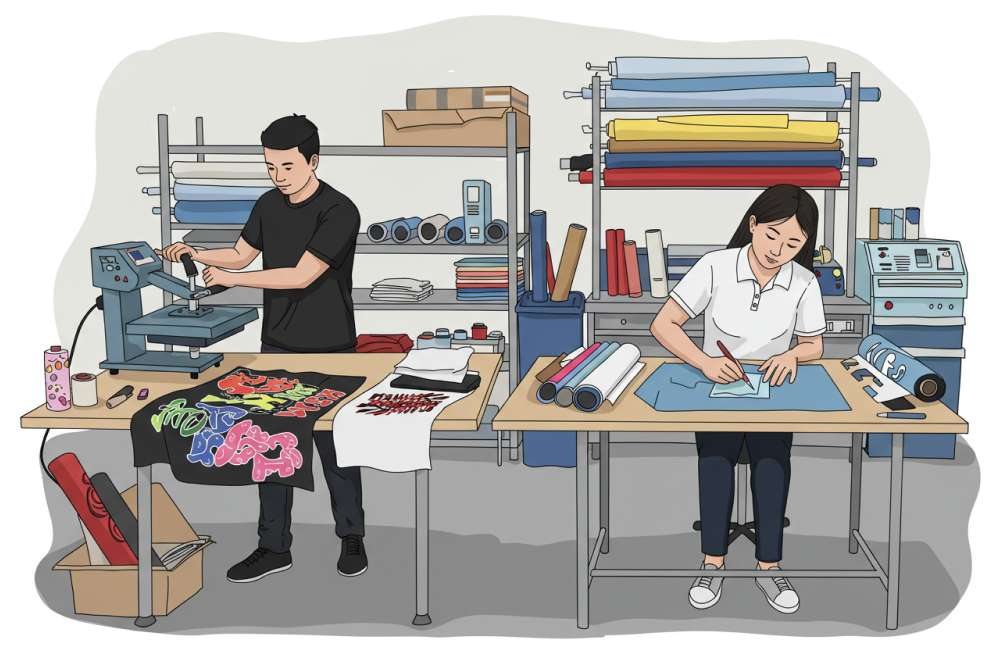 Ilustrasi Proses Kerja Sablon Dtf Dengan Mesin Heat Press Dan Sablon Polyflex Dengan Teknik Weeding Manual.