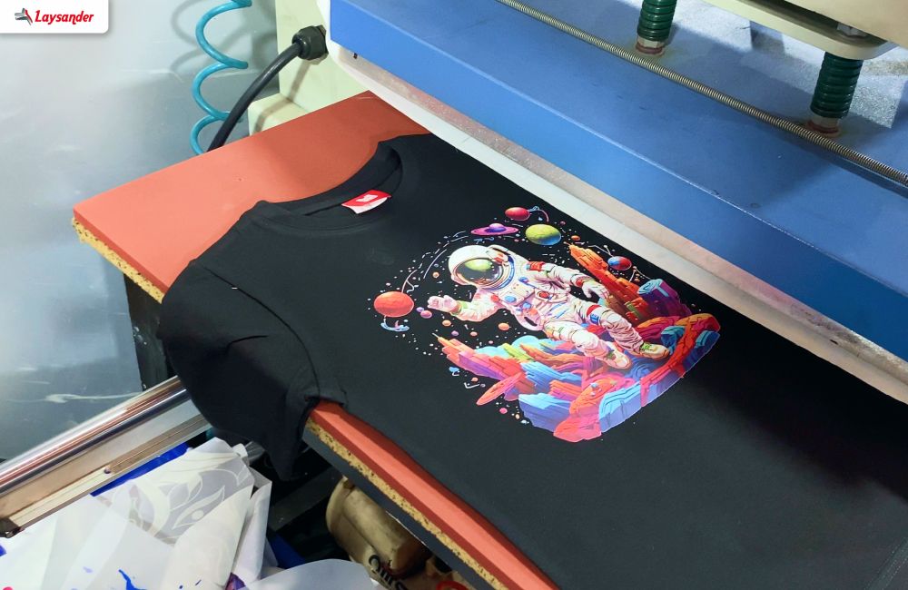 Kaos Dengan Desain Astronot Sedang Dipress Menggunakan Mesin Heat Press Untuk Sablon Dtf