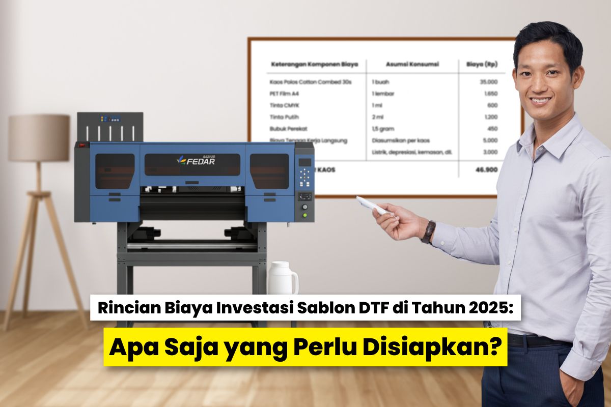 Seorang Pria Menunjuk Papan Perhitungan Biaya Sambil Berdiri Di Samping Mesin Printer Dtf Modern Sebagai Ilustrasi Modal Awal Bisnis Dtf Tahun 2025.