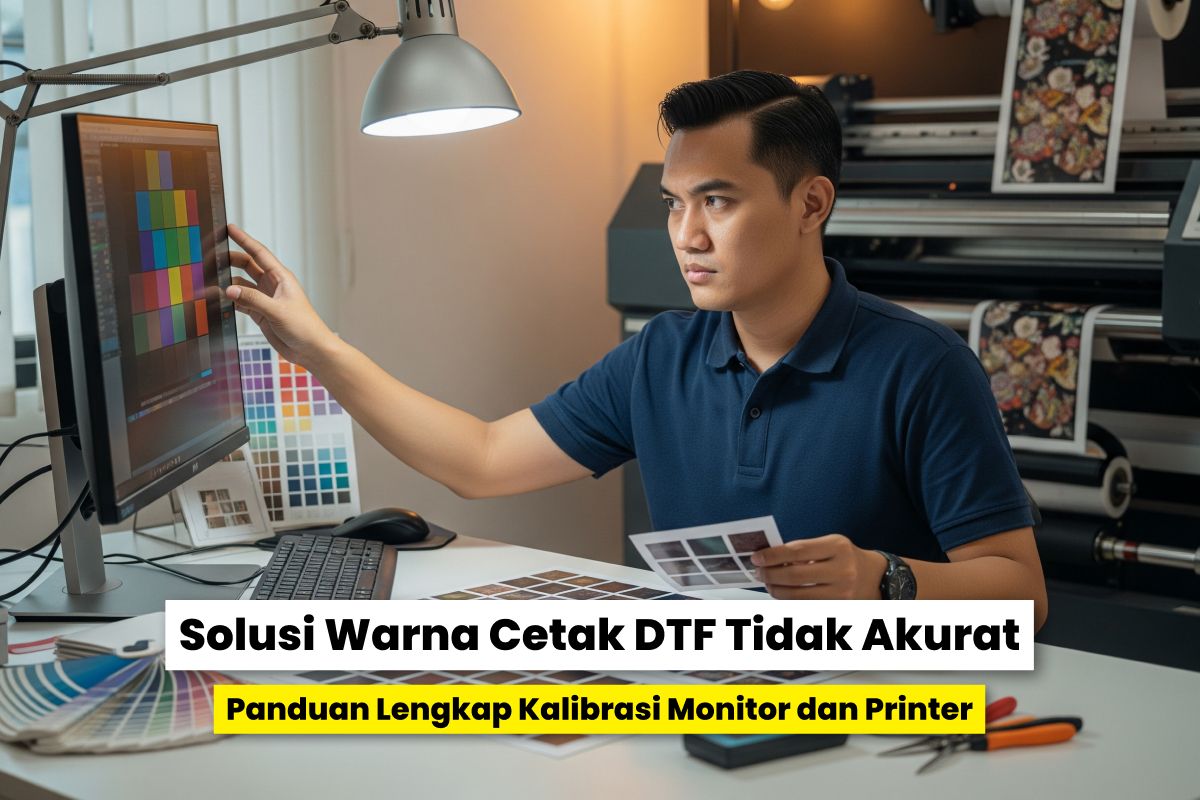 Seorang Desainer Memeriksa Warna Pada Monitor Dan Mencocokkannya Dengan Color Chart Untuk Kalibrasi Printer Dtf