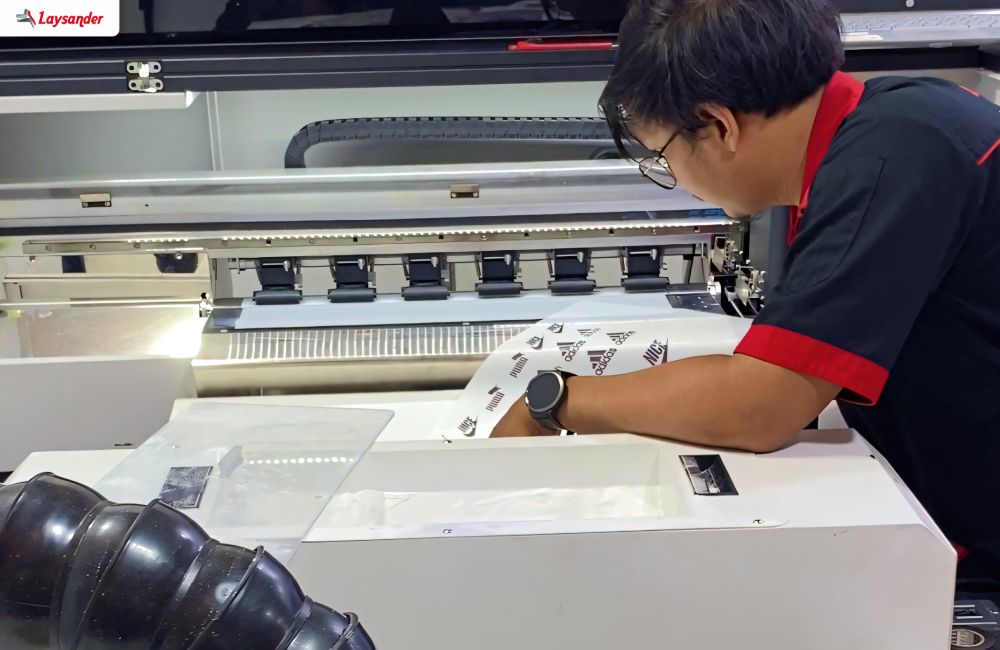 Operator Mesin Dtf Sedang Melakukan Test Print Kecil Pada Film Untuk Memastikan Hasil Cetak Sesuai Sebelum Produksi Massal.
