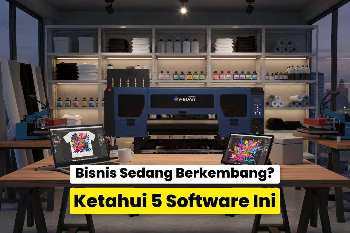Ruang Kerja Sablon Modern Dengan Mesin Printing Dan Laptop Menampilkan Desain Kaos Digital.