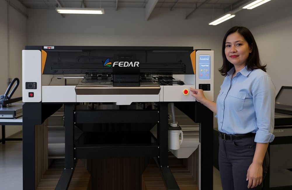 Seorang Wanita Mengoperasikan Mesin Printer Dtf Dengan Menekan Tombol Fitur Hemat Energi.