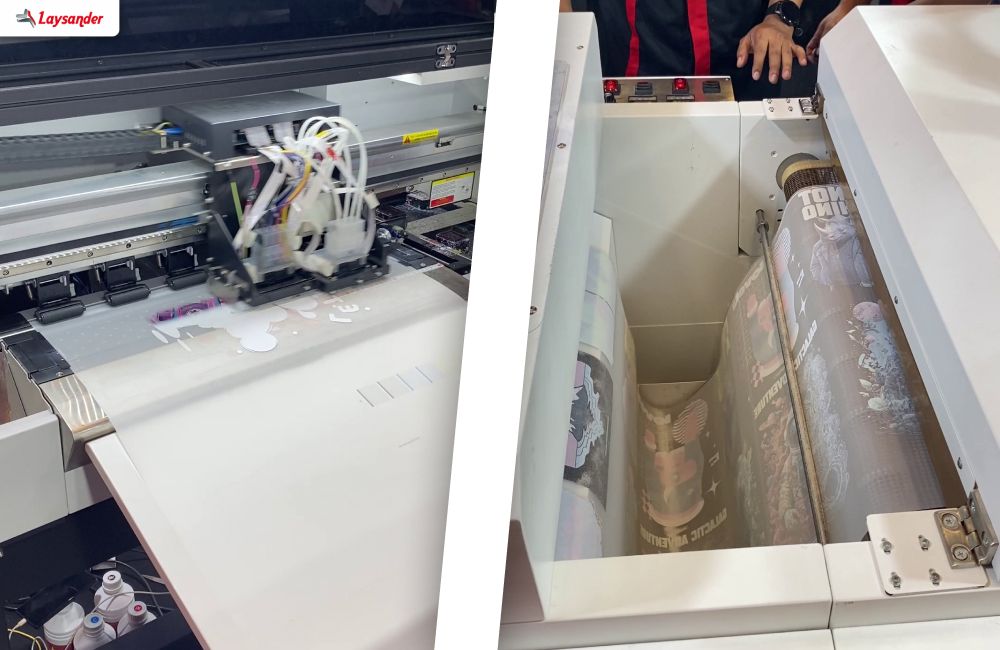 Mesin Printer Dtf Roll-To-Roll Dengan Proses Cetak Dan Gulungan Film Pet Berisi Desain Siap Produksi.