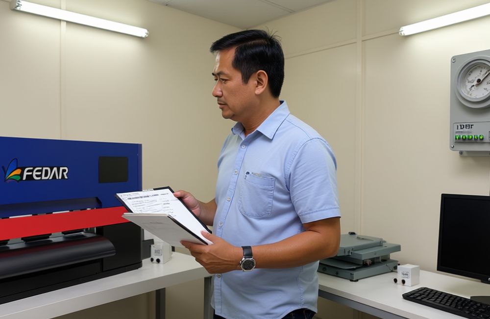 Seorang Pria Memeriksa Catatan Konsumsi Listrik Di Ruang Kerja Sablon Dtf Dengan Mesin Printer Di Sebelahnya.