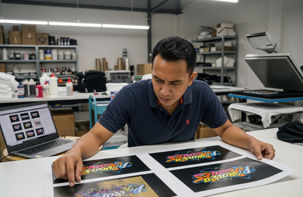 Seorang Pria Sedang Memeriksa Hasil Cetakan Desain Dtf Di Meja Kerja Untuk Memastikan Kualitas Sablon.