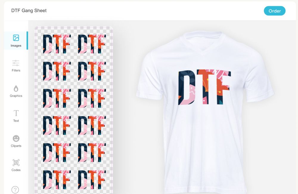 Tampilan Software Online Yang Menampilkan Tata Letak Desain Dtf Pada Gang Sheet Dan Hasil Cetak Pada Kaos Putih.