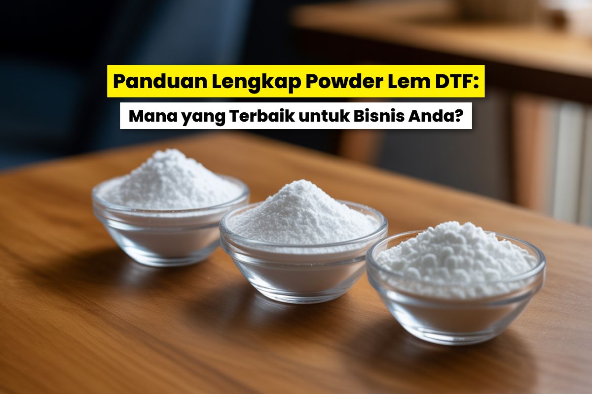 Tiga Jenis Powder Lem Dtf Dalam Mangkuk Kaca Kecil Di Atas Meja Kayu Untuk Kebutuhan Sablon.
