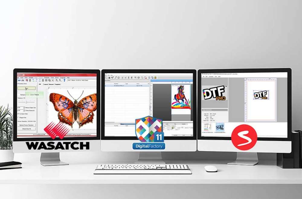 Tiga Monitor Menampilkan Berbagai Software Rip Populer Seperti Wasatch, Digital Factory, Dan Dtf Pro Untuk Cetak Dtf