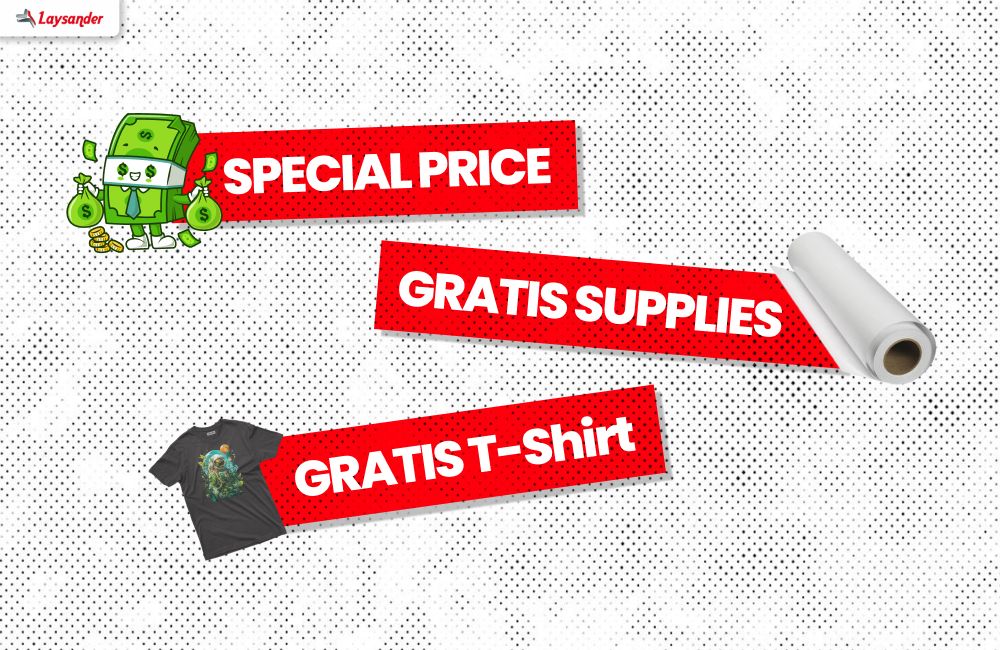 Ilustrasi Promo Laysander Di All Print 2025 Yang Mencakup Special Price, Gratis Supplies, Dan Gratis T-Shirt Eksklusif.
