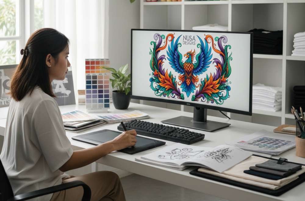 Seorang Desainer Menggunakan Software Grafis Untuk Membuat Desain Ilustrasi Sablon Di Komputer.