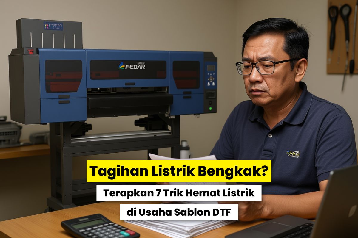 Seorang Pengusaha Sablon Dtf Melihat Tagihan Listrik Sambil Bekerja Di Dekat Mesin Printer Sablon.