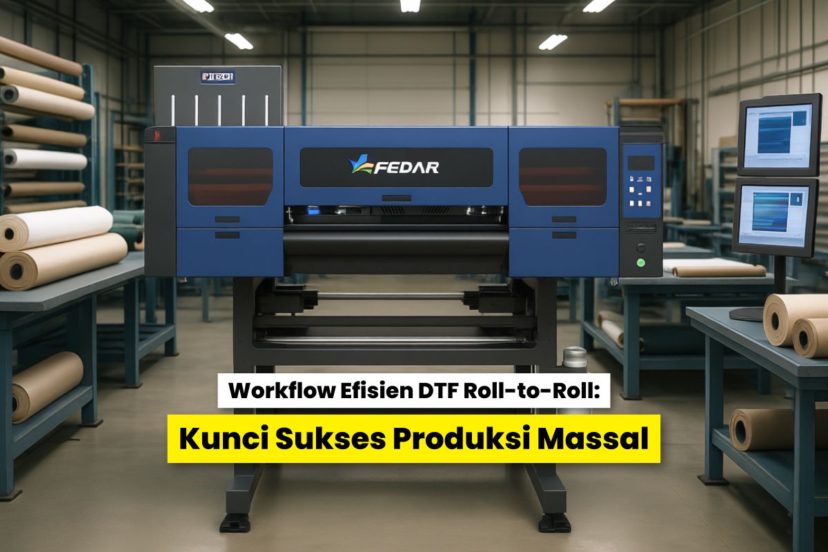 Mesin Printer Dtf Roll-To-Roll Di Ruang Produksi Dengan Gulungan Film Pet, Mendukung Workflow Cetak Roll To Roll Dtf Untuk Produksi Massal.
