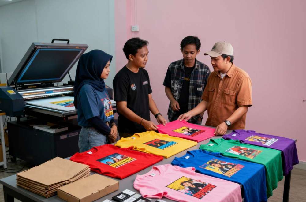Beberapa Orang Sedang Memeriksa Hasil Sablon Dtf Berwarna Pada Kaos Di Meja Produksi Dengan Mesin Press Di Belakangnya