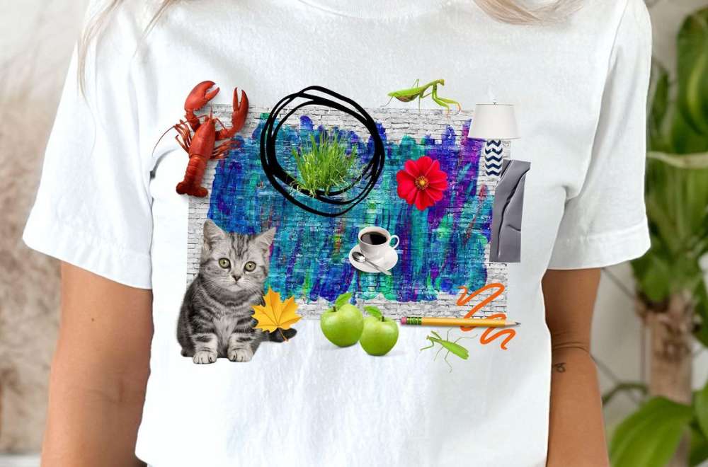 Kaos Putih Dengan Desain Kolase Penuh Warna Berisi Berbagai Elemen Seperti Hewan, Buah, Dan Bunga Yang Mencerminkan Gaya Maximalism Ekspresif.