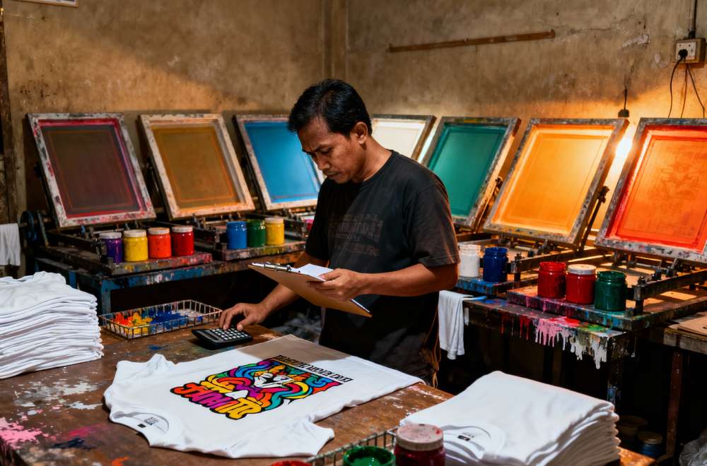 Seorang Pria Di Workshop Sablon Menghitung Biaya Produksi Di Meja Kerja Dengan Beberapa Screen Warna Dan Tinta Sablon