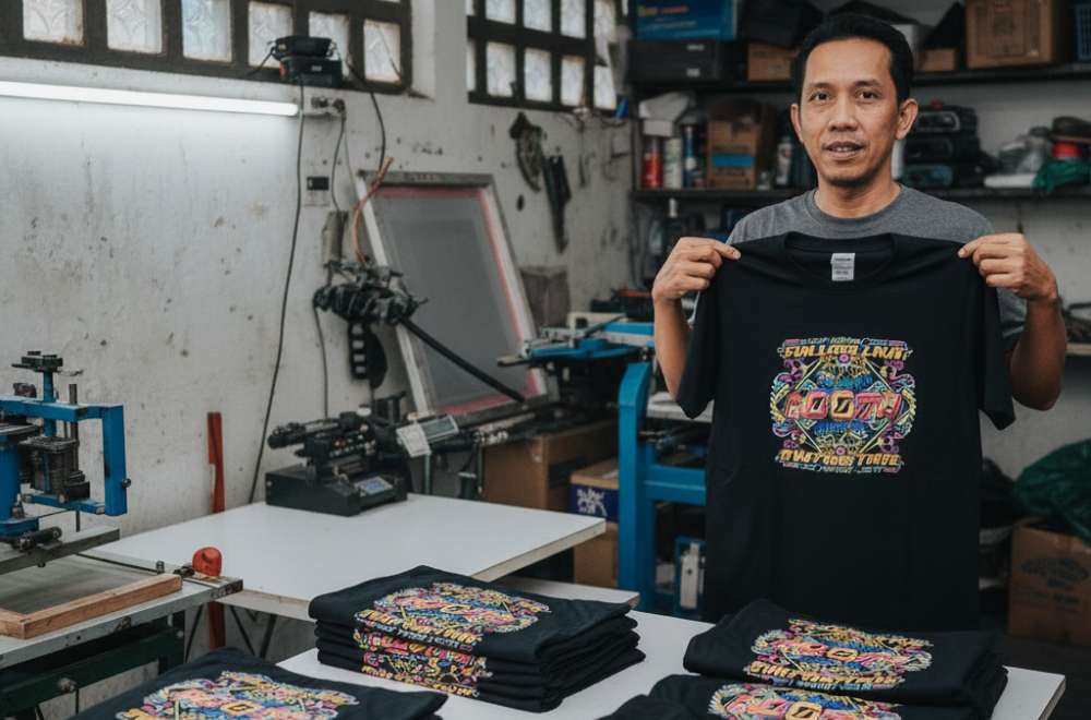 Seorang Pria Di Workshop Sablon Memegang Kaos Hitam Dengan Desain Warna-Warni Hasil Cetak Sablon Modern