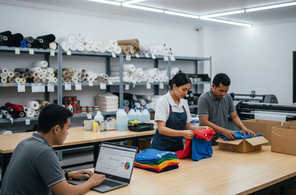 Tim Produksi Sedang Melipat Dan Mengemas Kaos Sablon Dtf Sambil Memantau Data Pesanan Di Laptop Di Ruang Kerja