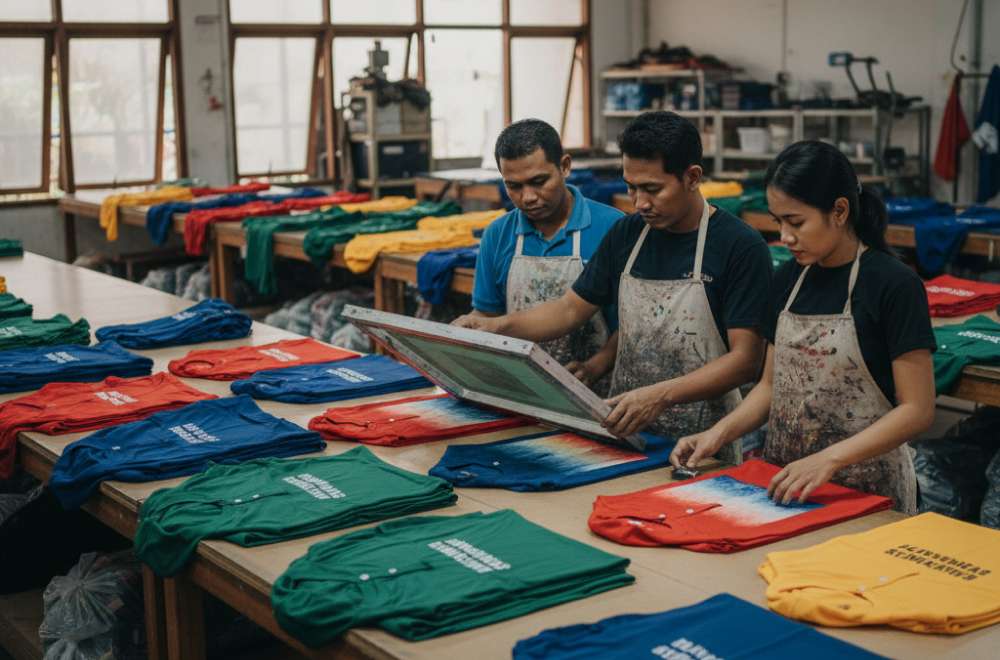 Tiga Orang Pekerja Sablon Sedang Mencetak Desain Pada Kaos Berwarna Menggunakan Metode Sablon Manual Di Workshop