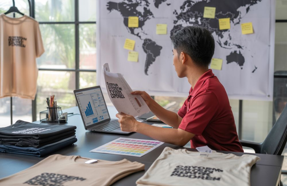 Seseorang Menganalisis Data Pasar Ekspor Dengan Laptop Dan Peta Dunia Di Latar Belakang Untuk Riset Produk Sablon.