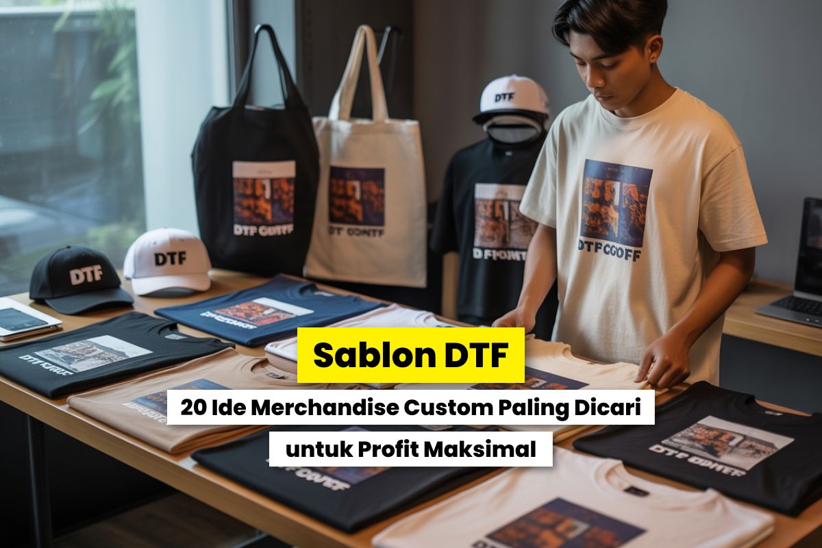 Seseorang Menata Berbagai Merchandise Seperti Kaos, Totebag, Dan Topi Dengan Desain Sablon Dtf Di Atas Meja Kerja